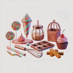 Bakery and candy confectionery items with lollipop cupcake and candy canes set