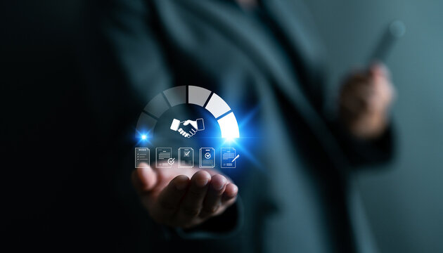 Businesswoman holding digital handshake icon with document approval. Business partnership agreement, deal management, online contract, teamwork and digital collaboration success in modern technology.