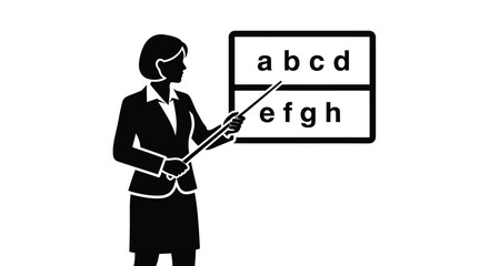 Elegant teacher instructing alphabet with pointer in modern classroom