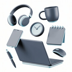 Modern office concept with gray laptop accessories and white background