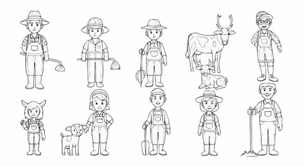 Collection of Farmers and Farm Animals in a Sketchy Style.