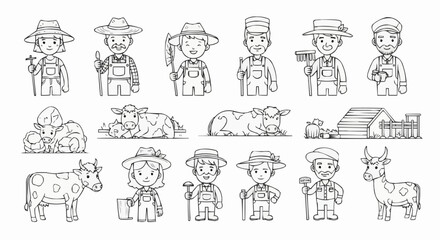 Hand drawn collection of cute farmer characters and farm animals.