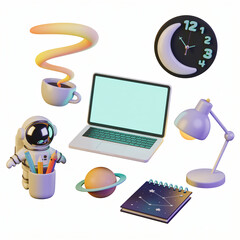 Workplace concept astronaut clock coffee cup lamp laptop notebook planet isolated