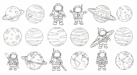Astronauts and Planets Collection Hand Drawn Style.