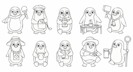 Adorable penguins in various outfits and poses, a delightful cartoon illustration.