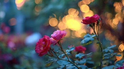 Close-up of vibrant pink roses with soft bokeh lights in the background at dusk flowers floral