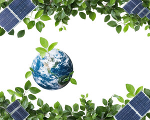 Eco-friendly globe with solar panels and leaves.
