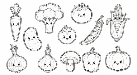 Cute Vegetable Cartoon Characters - Carrot, Broccoli, Tomato, Pea, Corn, Onion, Mushroom, Pumpkin.