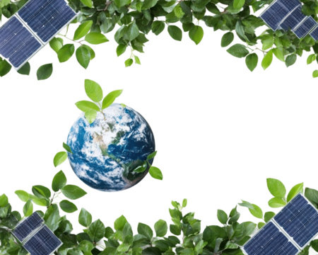 Eco-friendly globe with solar panels and leaves. - Powered by Adobe
