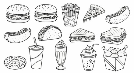 Assortment of various fast food items in black and white.