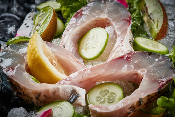 Arrange the glistening, white slices of fresh fish on a black round porcelain plate.