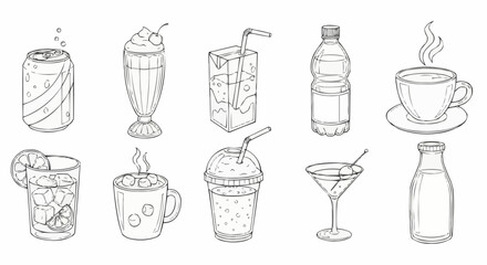 Hand drawn collection of various refreshing beverages and drinks in sketch style.
