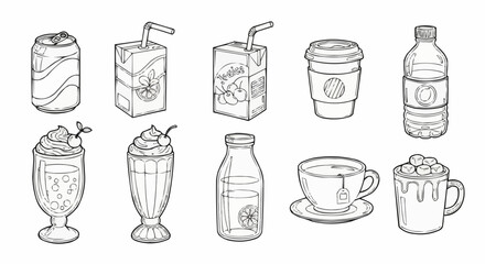 Variety of Beverages - Cans, Cartons, Cups, Bottles, and Glasses.