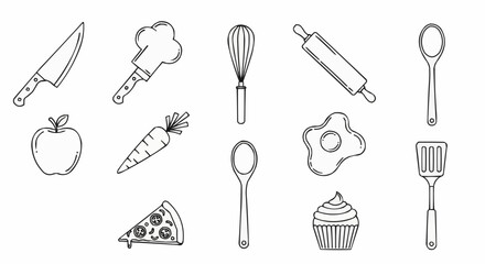 Collection of Hand Drawn Kitchen Utensils and Food Items.