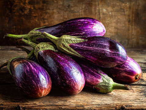Vibrant purple eggplants are artistically arranged on a rustic wooden surface, showcasing their glossy texture and natural beauty