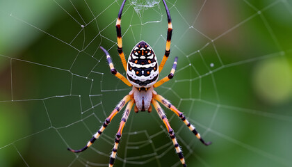 Colorful Spider in Web on Green Background