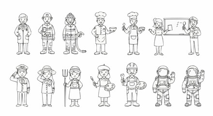 Collection of Diverse Professions Illustrated in a Simple Line Drawing Style.