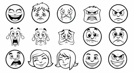 Diverse collection of hand drawn cartoon faces expressing various emotions.