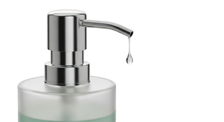 Obraz premium A close-up shot of a chrome soap dispenser with a drop of liquid falling from its spout.