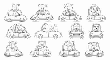 Collection of cute cartoon bears driving various cars in a playful illustration.