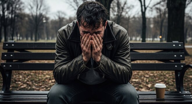 A man sitting on a bench in a park, holding a cup of coffee and crying.