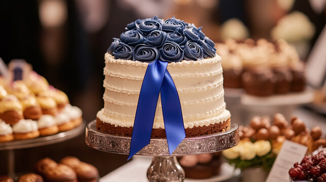 A blue ribbon attached to the front of a gourmet cake at a baking contest, surrounded by other baked goods and judges in an elegant competition room