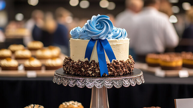 A blue ribbon attached to the front of a gourmet cake at a baking contest, surrounded by other baked goods and judges in an elegant competition room