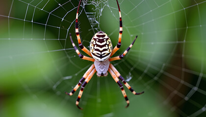Colorful Spider in Web on Green Background