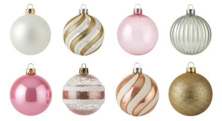 Collection of eight vintage oval shaped christmas ornaments in various colors and textures displayed against a black background