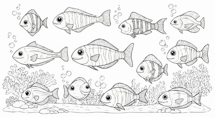 Collection of various fish species swimming underwater in a detailed line art illustration.