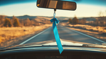 A blue ribbon hanging from the rearview mirror of an old car, symbolizing a journey or accomplishment, with the road stretching ahead under a bright, clear sky