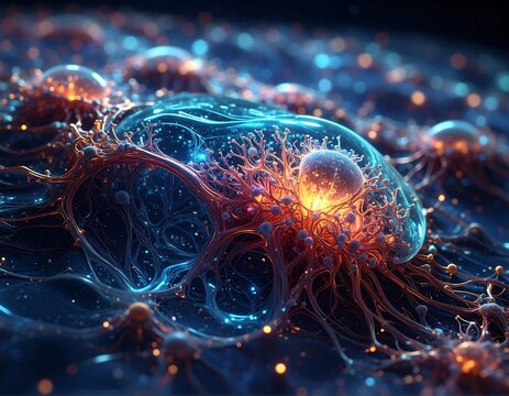 Bioluminescent, interconnected orbs floating in dark, glowing water