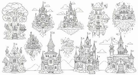 Fantasy Castles and Floating Islands Hand Drawn Outline Set.