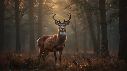 Impressive large male red deer stag with majestic antlers standing calmly within a dense, misty forest glade illuminated by warm morning sunlight. Wildlife and environment concept