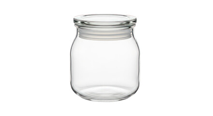 A clear glass jar with a white lid, isolated on a white background.