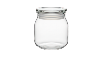 A clear glass jar with a white lid, isolated on a white background.