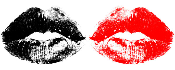 Messy Black And Red Lip Print With Artistic Human Lip Texture Isolated On A Transparent or White Background