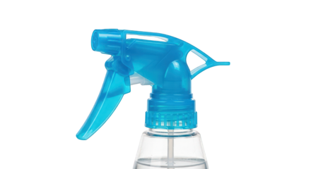 Close-up of a blue plastic spray bottle trigger mechanism with a clear bottle base.