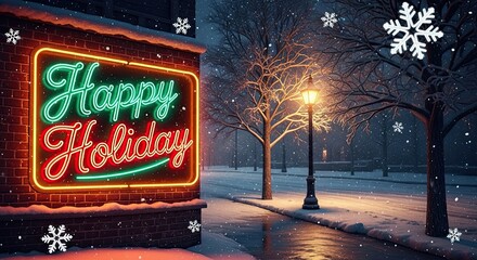 Festive Street Scene with Happy Holiday Neon Sign and Snowfall
