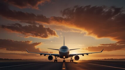 Wide-body passenger airplane seen directly from the front during a smooth landing approach or rapid takeoff run on a long asphalt runway. Travel and transportation concept