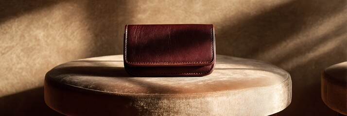 Burgundy Leather Charging Pouch On Taupe Velvet Platform With Shadows