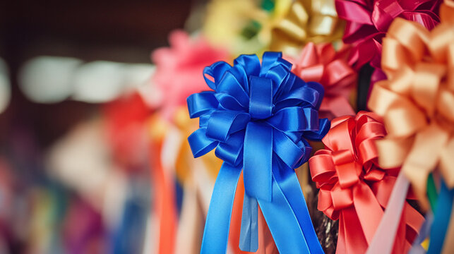 A blue ribbon pinned to a handmade craft at a county fair, surrounded by various other ribbons of different colors, signifying top honors for exceptional craftsmanship