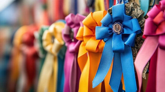 A blue ribbon pinned to a handmade craft at a county fair, surrounded by various other ribbons of different colors, signifying top honors for exceptional craftsmanship