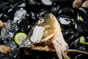 Arrange the glistening, white slices of fresh fish on a black round porcelain plate.