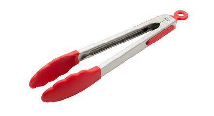 A pair of stainless steel kitchen tongs with red silicone tips and a red loop for hanging.