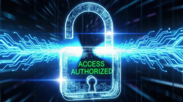 Digital padlock with access authorized text, symbolizing cybersecurity and secure data