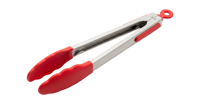 A pair of stainless steel kitchen tongs with red silicone tips and a red loop for hanging.