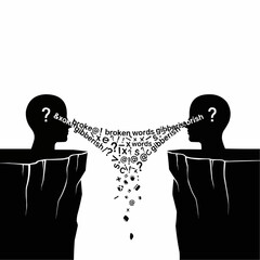 Silhouettes of two people communicating with broken words and symbols, representing misunderstanding.