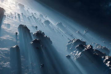 Asteroid stream in deep space, a collapsing minor planet in orbit, debris from a cosmic body