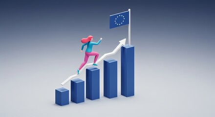 A woman climbs a stylized graph representing growth, with a European flag in the background